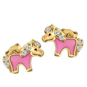 Goldene Ohrstecker Pony 8 x 5 mm rosa mit Zirkonias Echt...