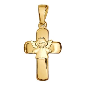 Goldener Kreuz Anhänger 15 mm glänzend mit Engel matt 333 Gold