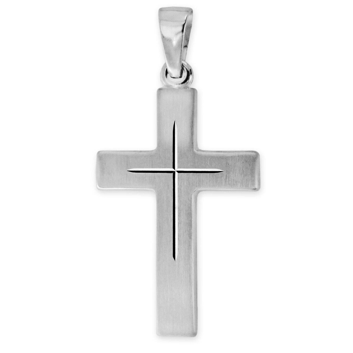 Silberner Kreuz Anhänger 21 mm matt mit diamantierten feinem Innenkreuz glänzend Echt Silber 925