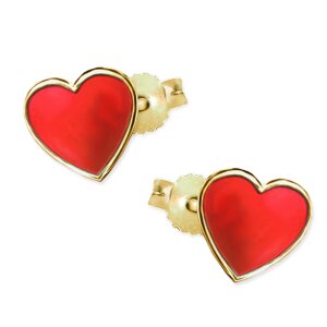Goldene Ohrstecker Herz 4,5 mm rot lackiert glänzend...