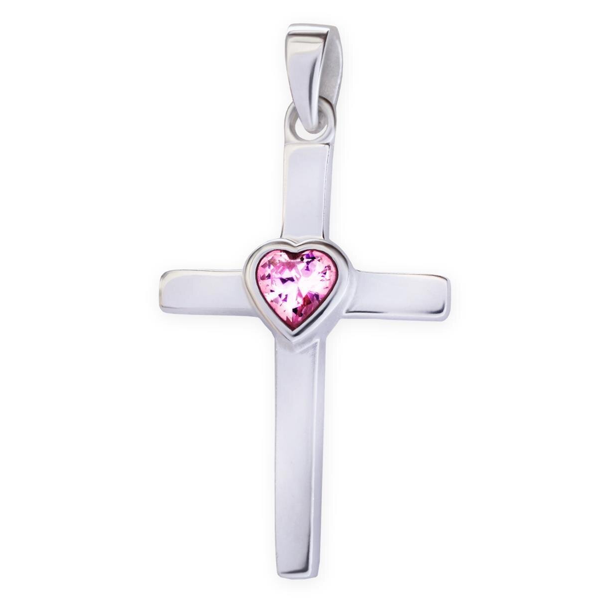 Kreuz Anhänger 22 mm mit rosa Herz Zirkoniastein Echt Silber 925