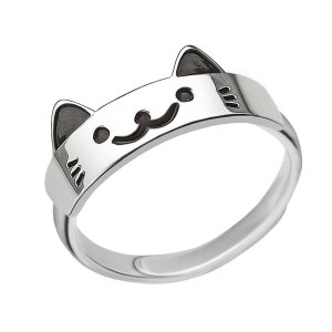 Katze Ring mit Katzengesicht lustig schwarz lackiert Echt...
