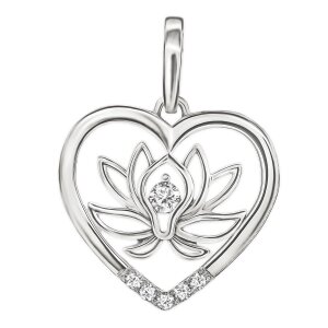 Silberner Anhänger Lotusblume im Herz teils offen  Zirkonia glänzend Echt Silber 925