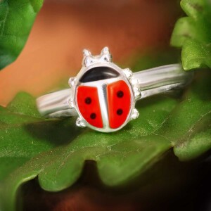 Marienkäfer Ring rot schwarz lackiert glänzend Echt Silber 925 einstellbare Größe