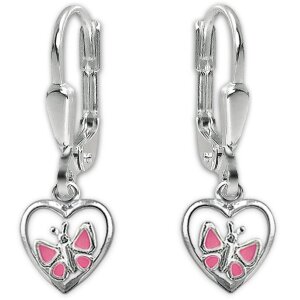 Silberne Ohrhänger 22 mm Schmetterling rosa im Herz...